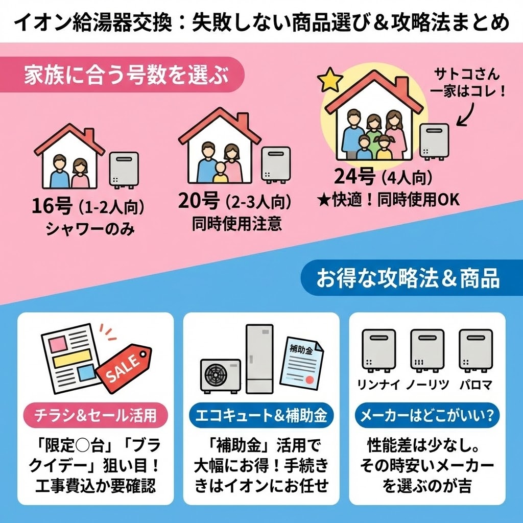 イオン給湯器交換で失敗しないための商品選びと攻略法をまとめたインフォグラフィック。上部は「家族に合う号数を選ぶ」として、16号(1-2人向)、20号(2-3人向)、24号(4人向・サトコさん一家向け)の目安をイラストで解説。下部は「お得な攻略法＆商品」として、「チラシ＆セール活用（ブラックフライデーなど）」「エコキュート＆補助金活用」「メーカー選び（リンナイ・ノーリツ・パロマ）」のポイントをそれぞれ解説している。