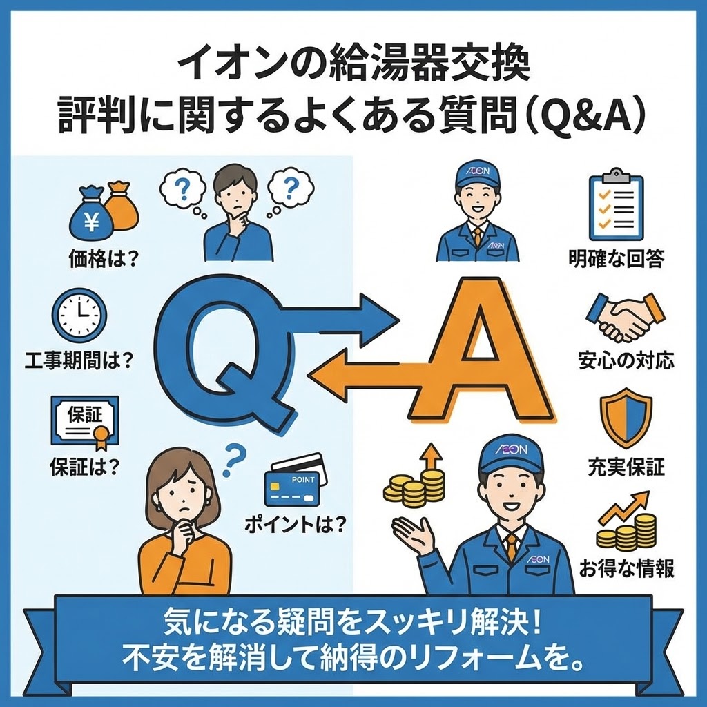 イオンの給湯器交換の評判に関するよくある質問(Q&A)のアイキャッチ画像。左側には「価格」「工事期間」「保証」「ポイント」について悩む利用者のイラストと疑問符があり、右側にはそれらの疑問に対して「明確な回答」「安心の対応」「充実保証」「お得な情報」を提供する笑顔のイオンスタッフのイラストが描かれている。中央に大きなQとAの文字があり、疑問から解決への流れを視覚的に表現している。