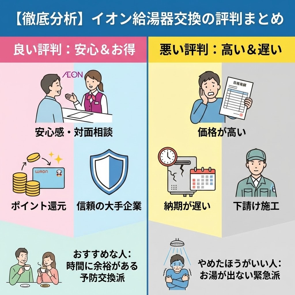 【徹底分析】イオン給湯器交換の評判まとめ。左側「良い評判：安心＆お得」には、対面相談、ポイント還元、信頼の大手企業のアイコンと、時間に余裕がある予防交換派のイラスト。右側「悪い評判：高い＆遅い」には、価格が高い、納期が遅い、下請け施工のアイコンと、お湯が出ない緊急派のイラストが対比されたインフォグラフィック。