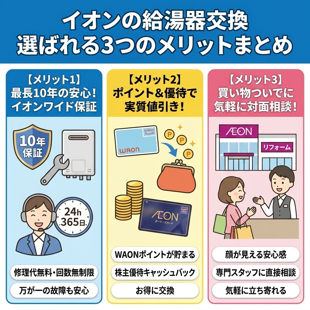 イオンの給湯器交換が選ばれる3つのメリットをまとめたインフォグラフィック。左側の【メリット1】は「最長10年の安心！イオンワイド保証」で、修理代無料・回数無制限、24時間365日対応を説明。中央の【メリット2】は「ポイント＆優待で実質値引き！」で、WAONポイント貯蓄と株主優待キャッシュバックを解説。右側の【メリット3】は「買い物ついでに気軽に対面相談！」で、イオン店舗での専門スタッフとの直接相談と安心感を描写している。