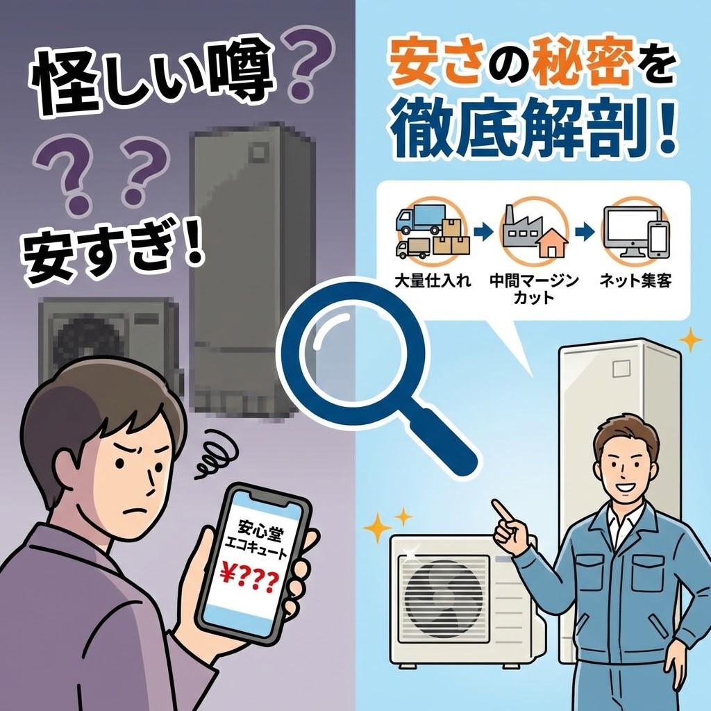 安心堂エコキュートの「怪しい噂」と「安さの秘密」を比較解説するイラスト。左側は不安な男性とモザイクがかかったエコキュートで「安すぎ!?」と表現。右側は作業員が「大量仕入れ」「中間マージンカット」「ネット集客」という3つの理由を図解し、安さの根拠を明示している。中央に虫眼鏡のアイコン。