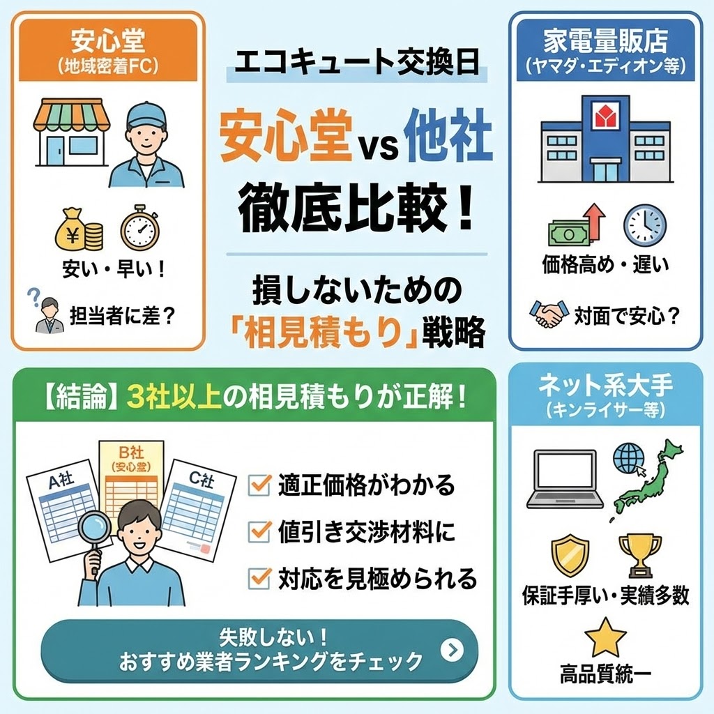 エコキュート交換における「安心堂」と他社(家電量販店、ネット系大手)の徹底比較図。損をしないための「3社以上の相見積もり戦略」を推奨し、そのメリット(適正価格の把握、値引き交渉材料、対応の見極め)を解説したイラスト。