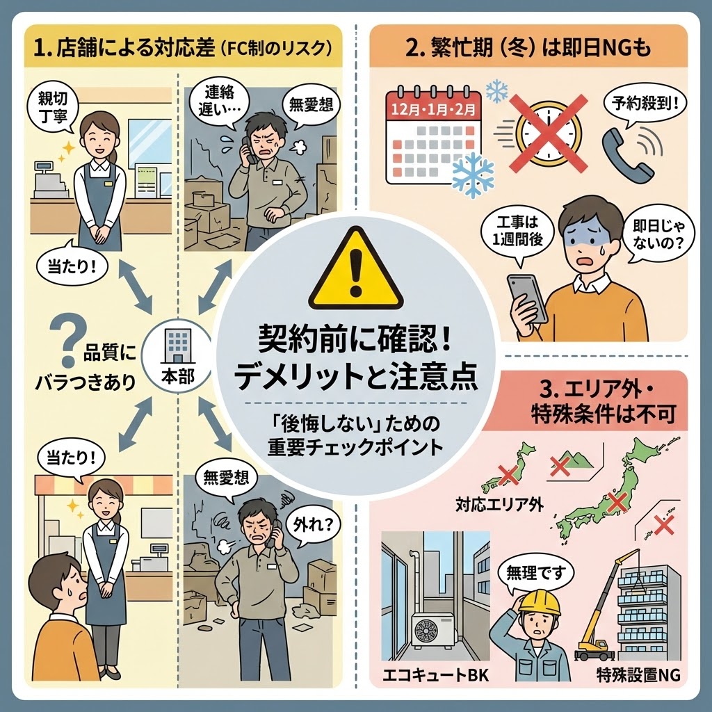 契約前に確認すべき安心堂エコキュートのデメリットと注意点をまとめた図解イラスト。中央に警告アイコンとともに「『後悔しない』ための重要チェックポイント」と表示。左のパネルでは「店舗による対応差(FC制のリスク)」として、親切な店員(当たり)と無愛想な店員(外れ)の対比を描き、品質のバラつきを示唆。右上のパネルでは「繁忙期(冬)は即日NGも」として、12月〜2月のカレンダーと予約殺到の様子、工事が1週間後になって困る顧客を描写。右下のパネルでは「エリア外・特殊条件は不可」として、地図上の対応外エリアや、狭い場所・高所作業での設置不可のケースをイラストで解説している。