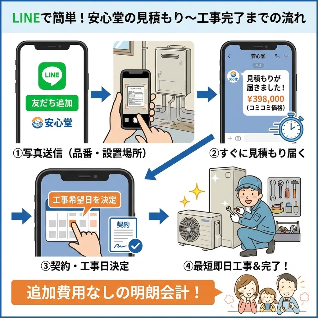 安心堂のエコキュート交換におけるLINE見積もりから工事完了までの流れを図解したインフォグラフィック。「LINEで簡単!安心堂の見積もり〜工事完了までの流れ」というタイトルで、①写真送信(品番・設置場所)、②すぐに見積もり届く(コミコミ価格の例示)、③契約・工事日決定(カレンダーと契約書)、④最短即日工事&完了(作業員と喜ぶ家族)の4ステップをイラストで分かりやすく解説。下部には「追加費用なしの明朗会計!」と強調されている。