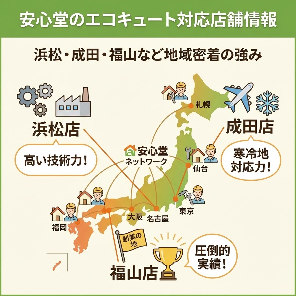 安心堂のエコキュート対応店舗情報と地域密着の強みを示す日本地図のイラスト。浜松店は「高い技術力」、成田店は「寒冷地対応力」、創業の地である福山店は「圧倒的実績」と、それぞれの店舗の特色と強みが強調されている。また、札幌から福岡まで全国に広がる安心堂ネットワークの拠点も示されている。