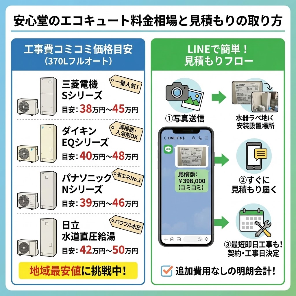 安心堂のエコキュート料金相場とLINE見積もりの流れを図解したイラスト。左側には、三菱電機、ダイキン、パナソニック、日立の主要メーカー4社の工事費込み価格目安(370Lフルオート)を一覧表示。「一番人気」「高機能・入浴剤OK」「省エネNo.1」「パワフル水圧」といった各メーカーの特徴もタグで紹介。下部には「地域最安値に挑戦中!」の文字。右側には、「LINEで簡単!見積もりフロー」として、①写真送信(機器ラベルと設置場所)、②すぐに見積もり届く(コミコミ価格のLINE画面例)、③最短即日工事も!契約・工事日決定という3ステップをスマートフォンの画面とアイコンを用いて視覚的に分かりやすく解説。下部には「追加費用なしの明朗会計!」の文字とチェックマーク。