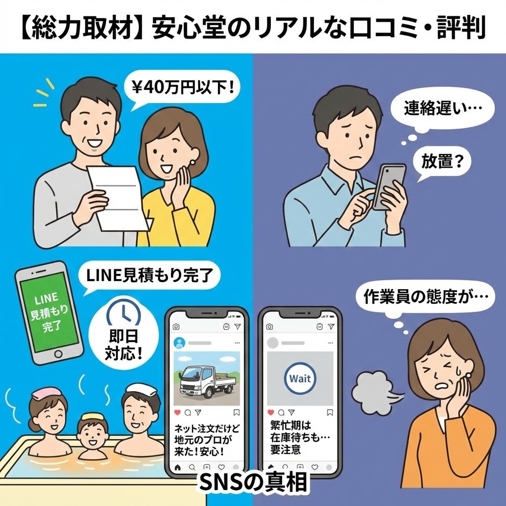 【総力取材】安心堂のリアルな口コミ・評判というタイトルの図解イラスト。左側は良い口コミとして、40万円以下の安さやLINEでの即日対応に喜ぶ家族の様子。右側は悪い口コミとして、連絡の遅れや作業員の態度に不満を持つ人の様子。下部にはSNSの真相として、地元のプロが来る安心感と繁忙期の在庫待ちの可能性を示すスマホ画面が描かれている。