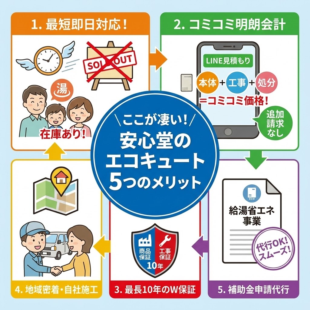 安心堂のエコキュート交換が選ばれる5つのメリットを図解したイラスト。「最短即日対応」「コミコミ明朗会計」「最長10年の商品・工事W保証」「地域密着の自社施工」「補助金申請代行」の各ポイントを、それぞれの特徴を示すアイコンと共に分かりやすく解説している。