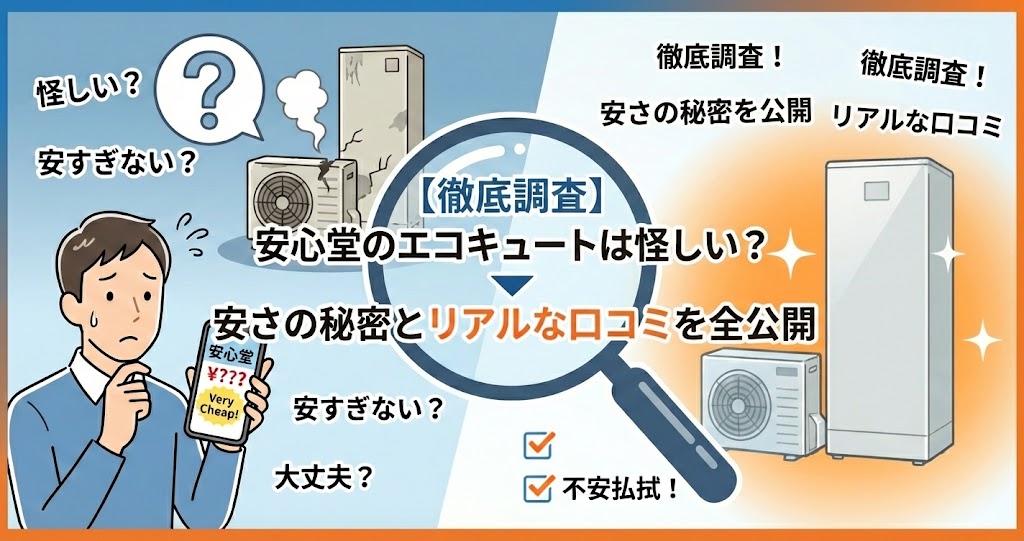 アイキャッチ画像:スマホを見て不安そうな男性と壊れた給湯器、「徹底調査 安心堂のエコキュートは怪しい?安さの秘密とリアルな口コミを全公開」というタイトルテキスト、そして新しいエコキュートと「不安払拭」のチェックリストが描かれたイラスト。