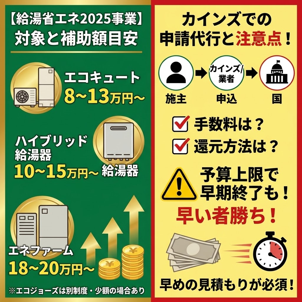 【2025年最新】給湯省エネ事業の補助対象と金額、カインズでの申請に関する注意点をまとめた図解。左側はエコキュート・ハイブリッド給湯器・エネファームの最大補助金額目安。右側はカインズへの申請代行依頼時の手数料や還元方法の確認事項、予算上限による早期終了リスクと早めの見積もりの重要性を警告するイラスト。
