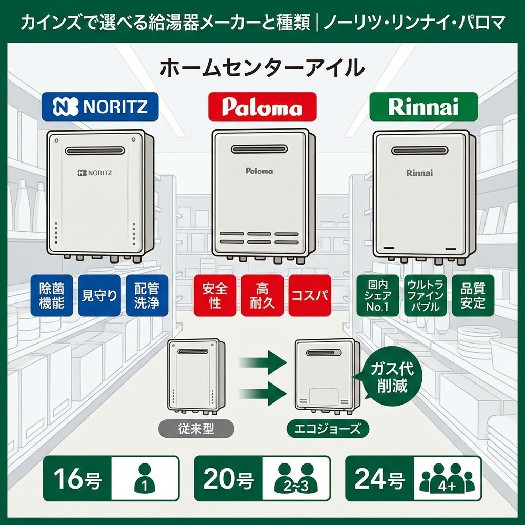 カインズで選べる給湯器メーカー（ノーリツ、パロマ、リンナイ）の特徴と種類を比較したイラスト図解。ホームセンターの売り場を背景に、各社の強み（除菌機能、安全性、ウルトラファインバブル等）、従来型とエコジョーズのガス代削減効果、家族構成別（1人、2〜3人、4人以上）の推奨号数（16号、20号、24号）が分かりやすく一覧表示されている。
