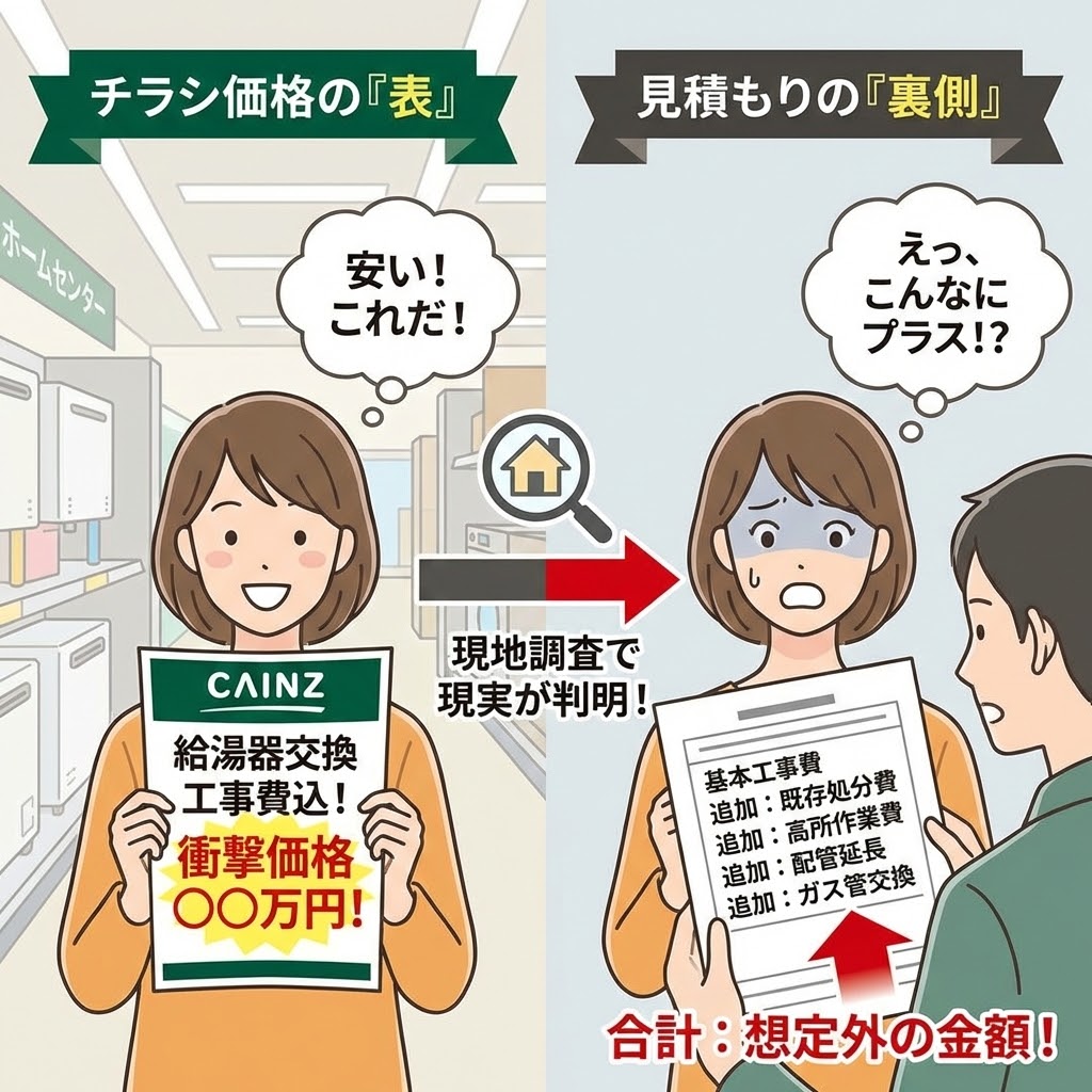 カインズ給湯器交換の「チラシ価格」と「見積もり」の金額差を表す比較イラスト。左側は「安い！これだ！」と喜ぶ女性が持つ衝撃価格のチラシ。右側は現地調査後に「えっ、こんなにプラス！？」と驚愕する女性が持つ、既存処分費や高所作業費などが追加された高額な見積書。チラシ価格の裏にある現実を警告する図解。