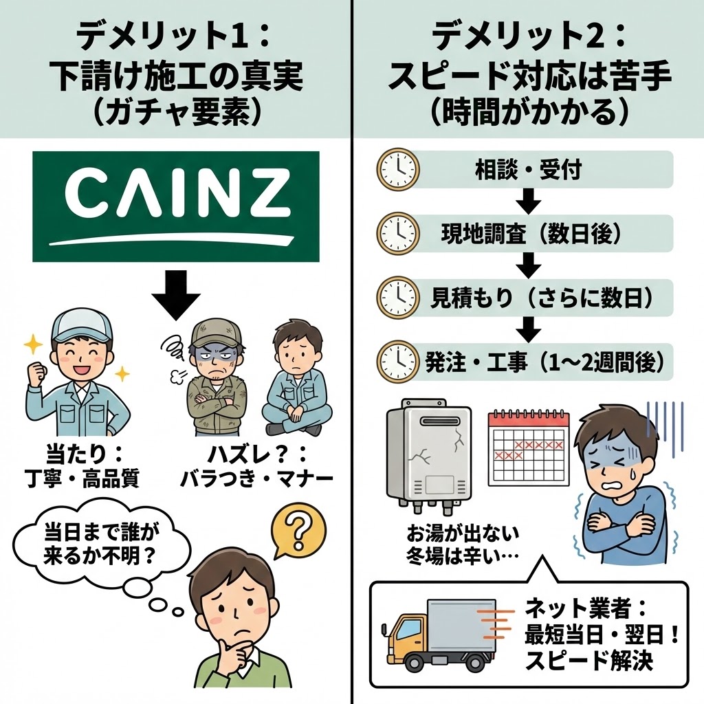 カインズホームでの給湯器交換における2つの主なデメリットを解説するイラスト。左側は「下請け施工の真実（ガチャ要素）」として、カインズから委託された下請け業者によって職人の質やマナーにバラつきがあり、当日まで誰が来るか分からないリスクを描写。右側は「スピード対応は苦手（時間がかかる）」として、相談から現地調査、見積もり、発注、工事完了までに1〜2週間かかるフローを示し、お湯が出ない冬場の辛さと、最短当日・翌日対応可能なネット業者とのスピード差を比較している。