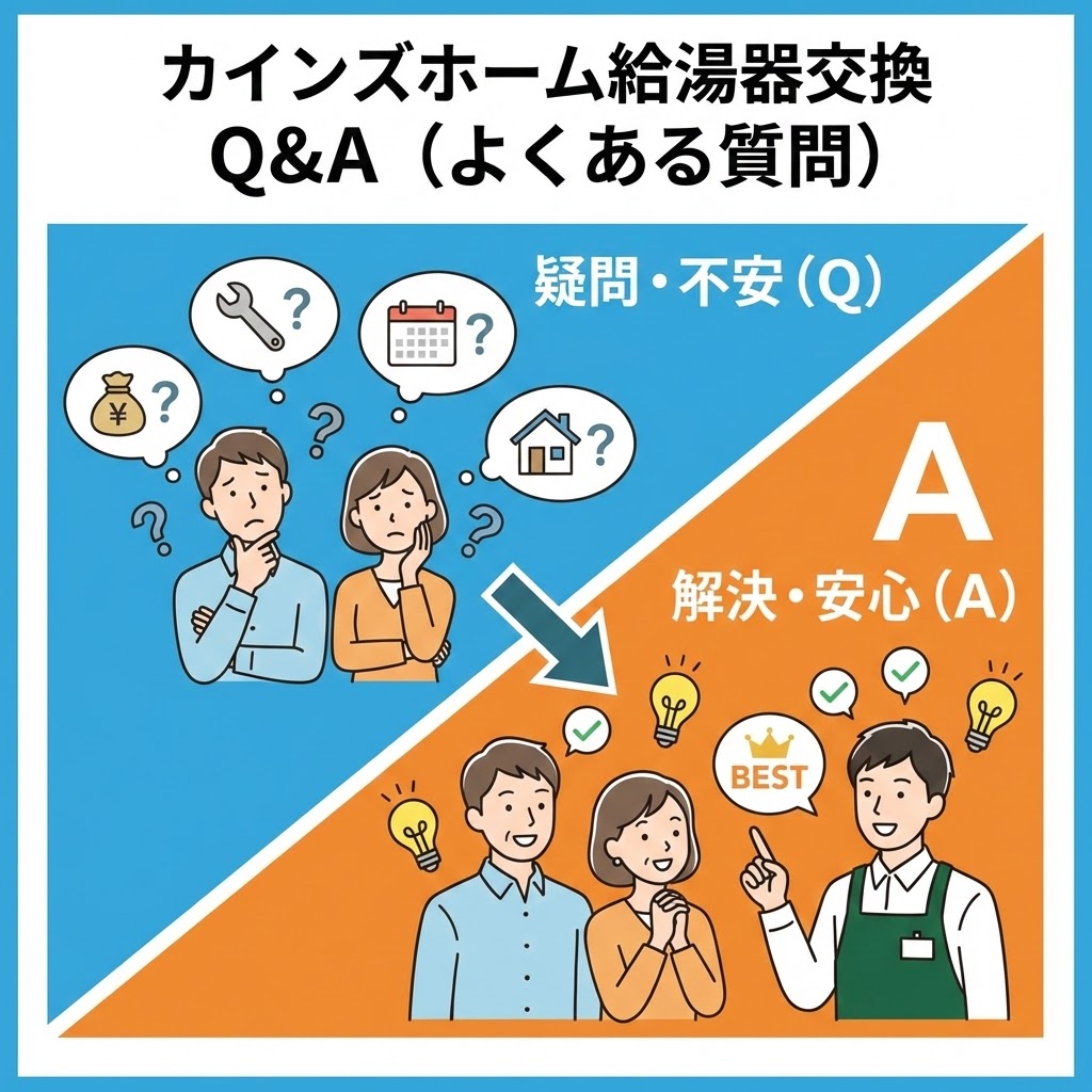 カインズホーム給湯器交換に関する「Q&A（よくある質問）」セクションの導入イラスト。費用、工期、施工への疑問や不安（Q）が、カインズの店舗スタッフによる適切な案内で解決し、安心（A）に変わる流れを視覚的に表現した図解。
