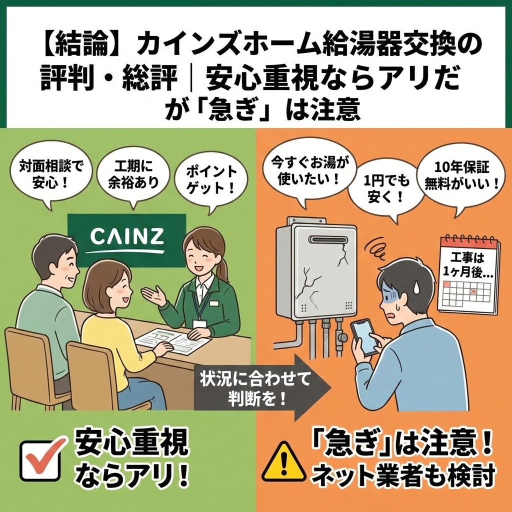 【結論】カインズホーム給湯器交換の評判・総評比較イラスト。左側は「安心重視ならアリ！」として、店舗での対面相談、工期に余裕がある場合、ポイント獲得などのメリットを享受できる夫婦の様子。右側は「『急ぎ』は注意！」として、今すぐお湯を使いたい緊急時や安さ・無料10年保証を求める場合には向かず、工事待ちが発生する可能性を示唆して困っている男性の様子。自身の状況に合わせて判断が必要であることを促す図解。