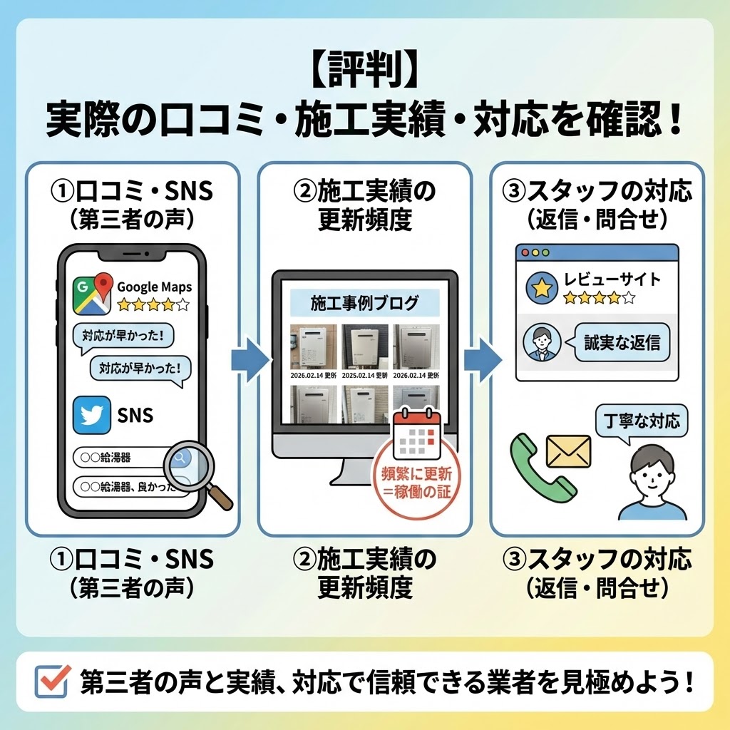 給湯器交換業者の評判を確認する3つの方法をまとめたインフォグラフィック。「①口コミ・SNS（第三者の声）」でGoogle MapsやSNSでの検索を推奨、「②施工実績の更新頻度」でブログの更新状況（例：2026.02.14更新）を確認し稼働の証とする、「③スタッフの対応（返信・問合せ）」でレビューへの誠実な返信や丁寧な問合せ対応を見ることで、信頼できる業者を見極めるよう促している。