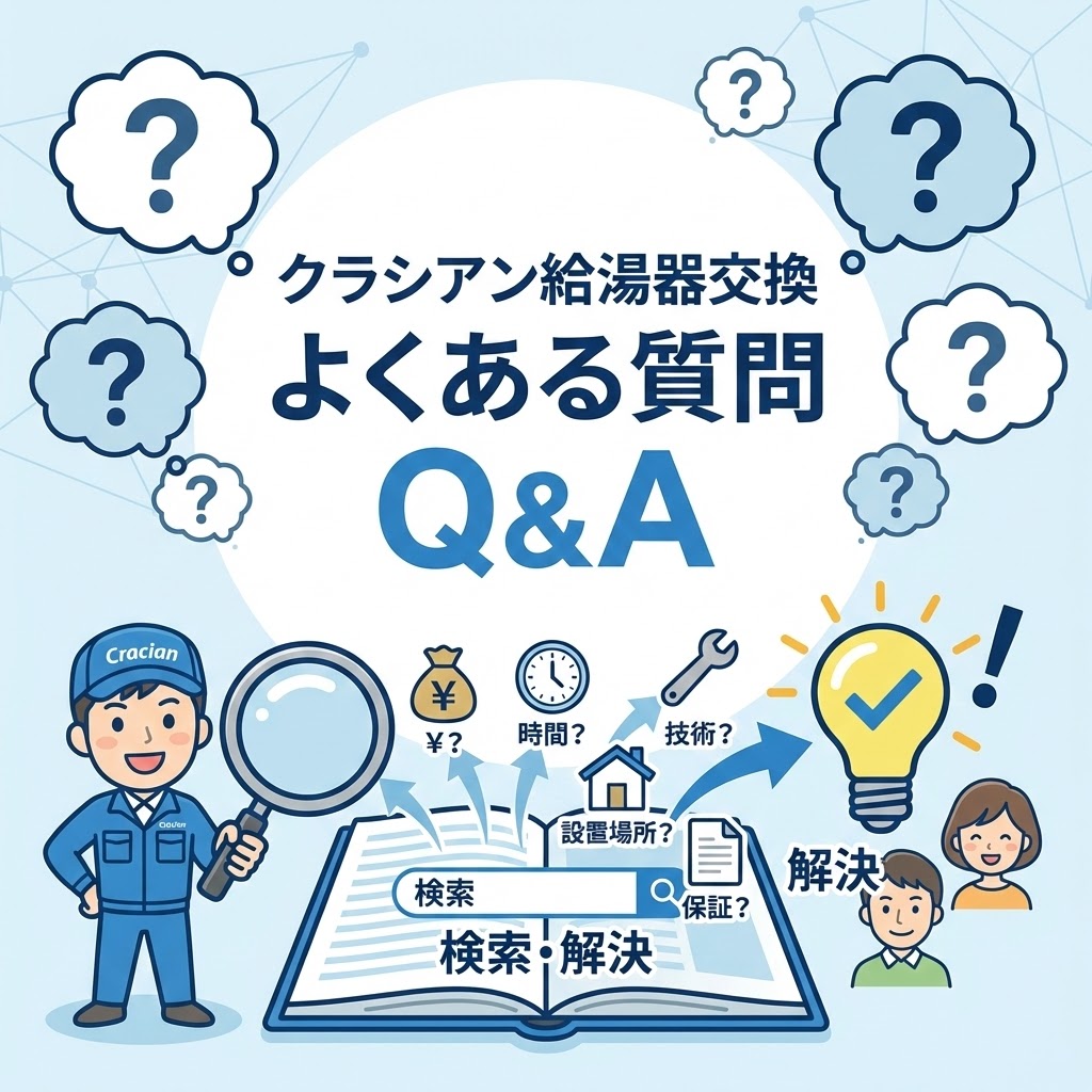 イラスト：クラシアン給湯器交換「よくある質問 Q&A」。クラシアンのスタッフが虫眼鏡を持ち、検索窓のある本から料金、時間、技術、保証などの疑問が解決（電球と笑顔のユーザー）へ繋がる様子を描いている。周囲には多数のクエスチョンマークが浮かび、FAQセクションであることを示唆するイメージ画像。
