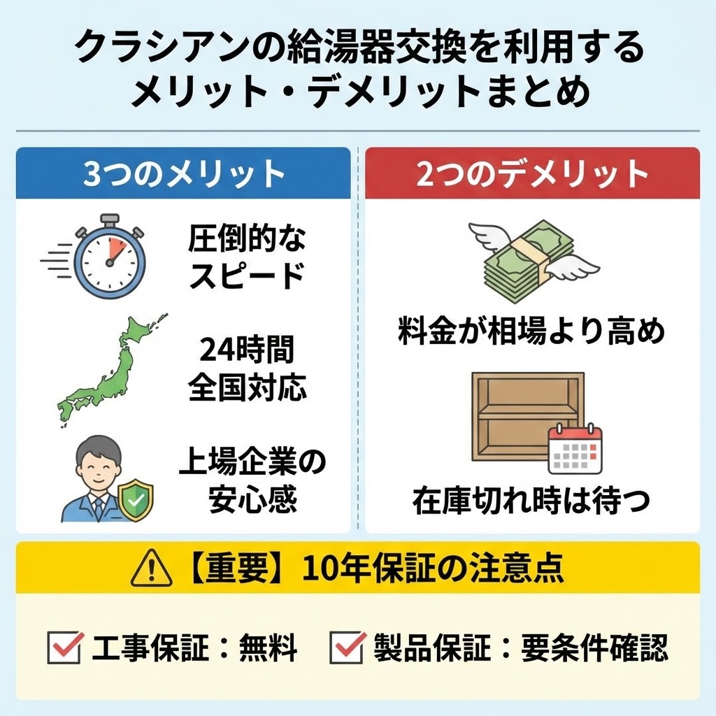 図解：クラシアンの給湯器交換を利用するメリット・デメリットまとめ。左側に「3つのメリット」（圧倒的なスピード、24時間全国対応、上場企業の安心感）、右側に「2つのデメリット」（料金が相場より高め、在庫切れ時は待つ）をイラスト付きで対比表示。下部に「【重要】10年保証の注意点」として、工事保証は無料だが製品保証は要条件確認であることを記載している。