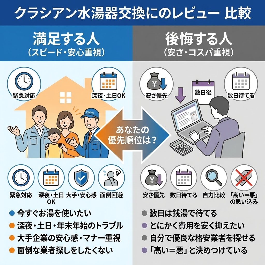 図解：クラシアン給湯器交換の口コミ分析。左側は「満足する人（スピード・安心重視）」で、緊急対応や大手の安心感を求める家族のイラストと特徴箇条書き。右側は「後悔する人（安さ・コスパ重視）」で、数日待てる、自分で比較できるといった特徴を持つ人物のイラストと箇条書き。中央に「あなたの優先順位は？」という問いかけがある比較チャート。