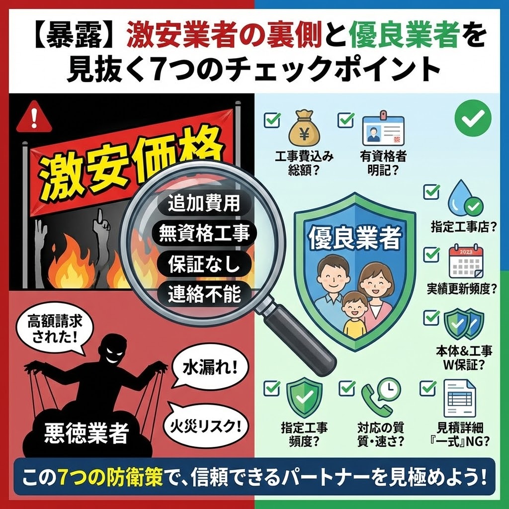 エコキュート交換における「激安業者」の危険性と「優良業者」を見抜く7つのチェックポイントを対比させた図解。左側は悪徳業者の激安価格の裏にある追加費用、無資格工事、保証なし、連絡不能といったリスクと、高額請求や水漏れ・火災トラブルを警告。右側は優良業者を見極めるための防衛策として、工事費込み総額表示、有資格者の明記、指定工事店の認可、施工実績の更新頻度、本体と工事のW保証、対応の質と速さ、見積詳細の「一式」記載NGの7点をイラストとアイコンで解説。