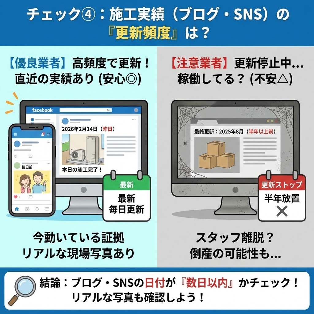 チェック④：施工実績（ブログ・SNS）の「更新頻度」を確認する比較図。優良業者は2026年2月14日（昨日）の施工完了写真など、数日以内のリアルな現場情報を高頻度で更新しており、今動いている証拠がある。一方、注意業者は最終更新が2025年8月（半年以上前）でクモの巣が張り、スタッフ離脱や倒産の可能性を示唆している。結論として、日付が数日以内か、写真がリアルかを確認するよう促すイラスト。