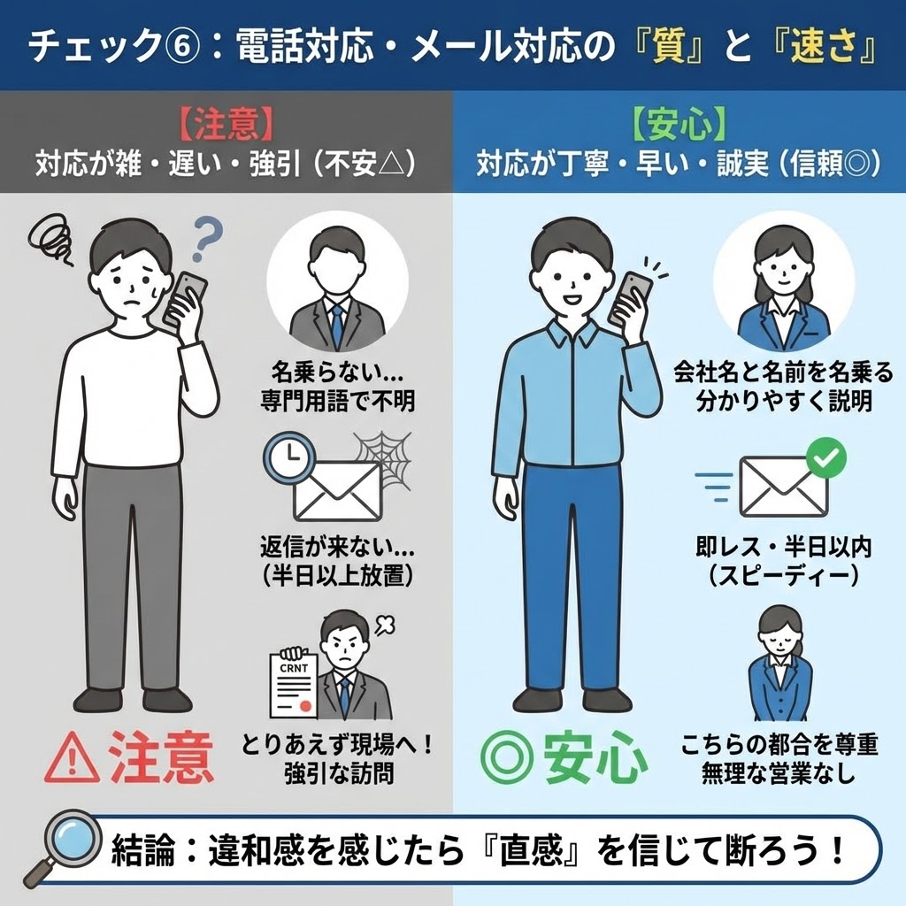 チェック⑥：電話対応・メール対応の「質」と「速さ」を比較した図解。左側の【注意】は、名乗らない、専門用語で不明、返信が遅い（半日以上放置）、強引な訪問といった雑・遅い・強引な対応を警告。右側の【安心】は、会社名と名前を名乗る、分かりやすく説明、即レス（半日以内）、無理な営業なしといった丁寧・早い・誠実な対応を推奨。結論として違和感を感じたら直感を信じて断るよう促すイラスト。