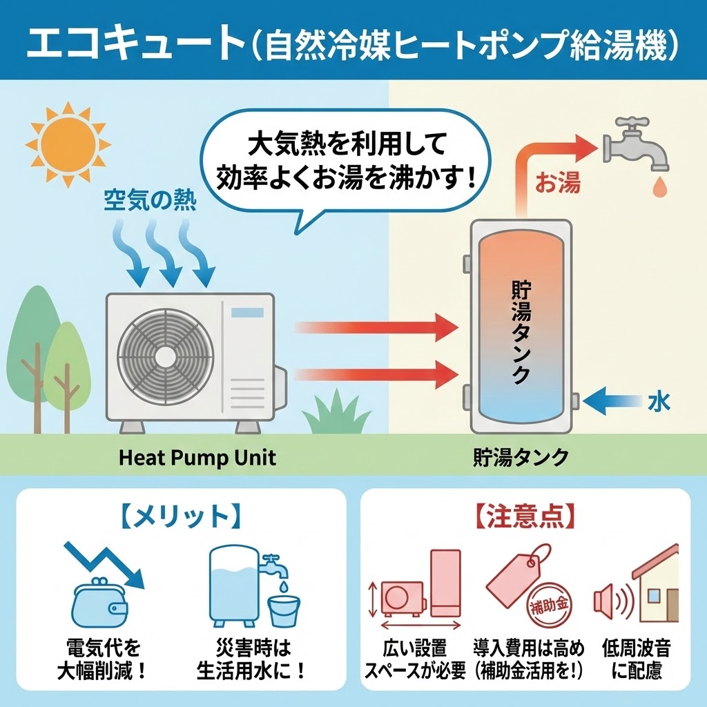 エコキュート（自然冷媒ヒートポンプ給湯機）の仕組みとメリット・注意点を解説したイラスト。大気熱を利用してお湯を沸かすヒートポンプユニットと貯湯タンクの図に加え、電気代大幅削減や災害時の生活用水利用といったメリット、広い設置スペースの必要性や導入費用の高さ（補助金活用推奨）、低周波音への配慮といった注意点がアイコン付きで記載されている。