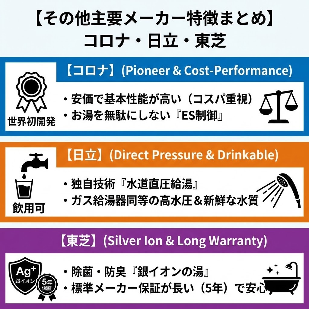 【その他主要メーカー特徴まとめ】コロナ・日立・東芝のエコキュート比較インフォグラフィック。コロナは世界初開発のパイオニアで、安価で基本性能が高くコスパ重視、お湯を無駄にしない「ES制御」が特徴。日立は独自技術「水道直圧給湯」により、ガス給湯器同等の高水圧と飲用可能な新鮮な水質を実現。東芝は「銀イオンの湯」で除菌・防臭し、標準メーカー保証が長い（5年）点が安心材料。