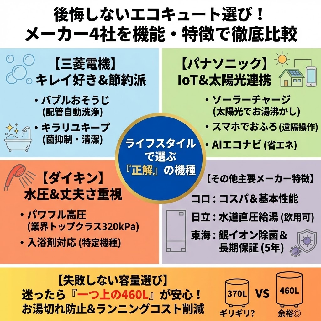 後悔しないエコキュート選び！メーカー4社（三菱電機、パナソニック、ダイキン、その他）を機能・特徴で徹底比較したインフォグラフィック。ライフスタイルに合わせて『正解』の機種を選ぶためのガイド。三菱電機は「キレイ好き＆節約派」でバブルおそうじやキラリユキープが特徴。パナソニックは「IoT＆太陽光連携」でソーラーチャージやスマホ連携が強み。ダイキンは「水圧＆丈夫さ重視」でパワフル高圧と入浴剤対応が魅力。その他、コロナはコスパ、日立は水道直圧給湯、東芝は銀イオン除菌と長期保証が特徴。最後に「失敗しない容量選び」として、迷ったら370Lより余裕のある460Lを選ぶことでお湯切れ防止とランニングコスト削減につながると推奨している。