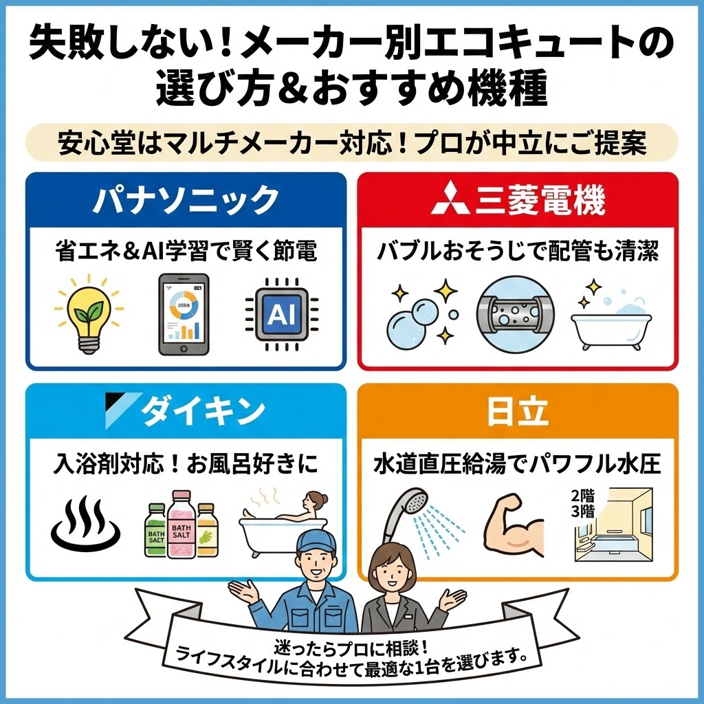 メーカー別エコキュートの選び方とおすすめ機種の比較図。パナソニック(省エネ・AI)、三菱電機(バブルおそうじ)、ダイキン(入浴剤対応)、日立(パワフル水圧)の4大メーカーの特徴をイラストで解説。安心堂はマルチメーカー対応で、プロがライフスタイルに合わせて中立に提案することを示している。