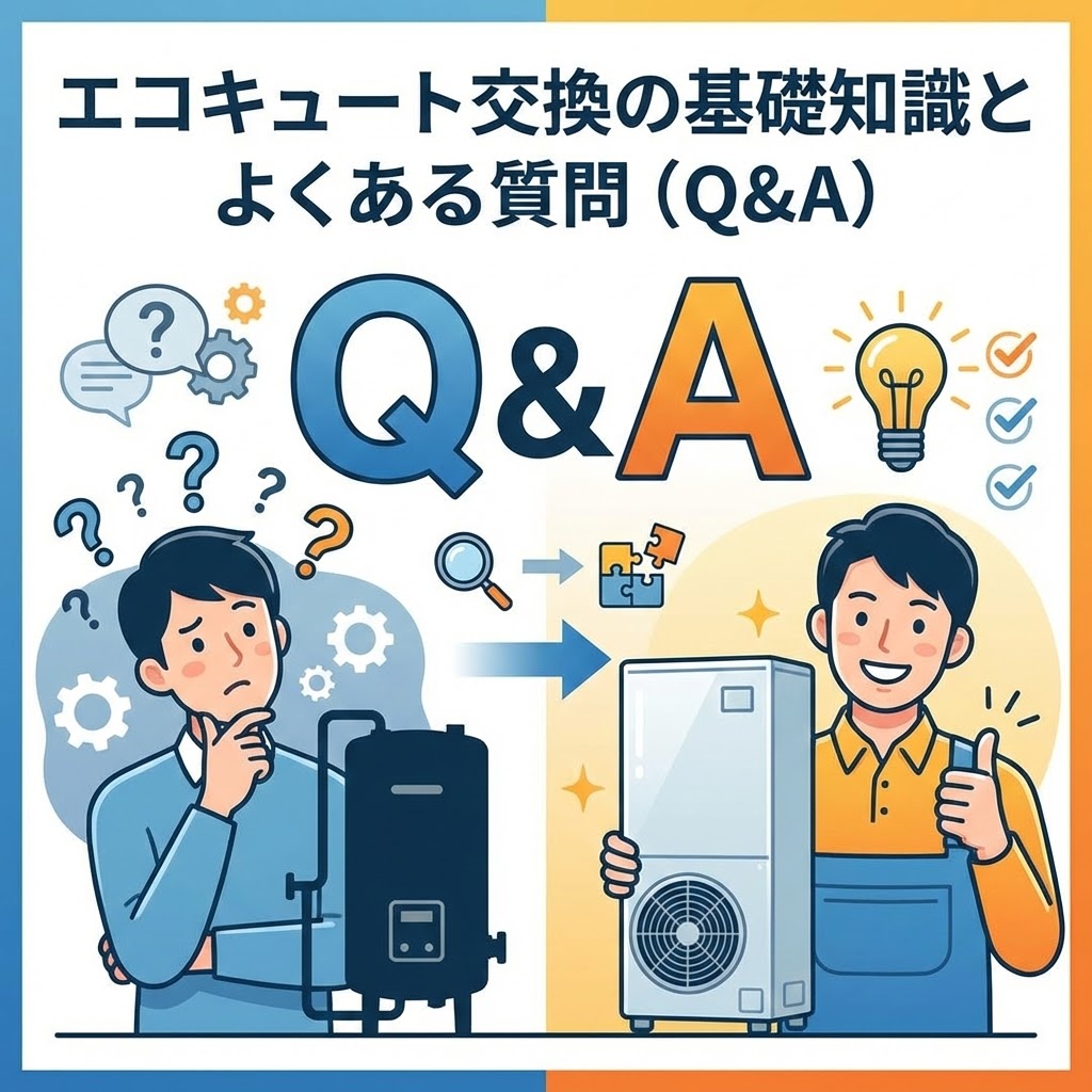 「エコキュート交換の基礎知識とよくある質問(Q&A)」のタイトル文字と、疑問(Q)から解決(A)への流れを示すイラスト。左側には古い給湯器の前で悩む男性、右側には新しいエコキュートの横で解決し笑顔を見せる男性が描かれている。