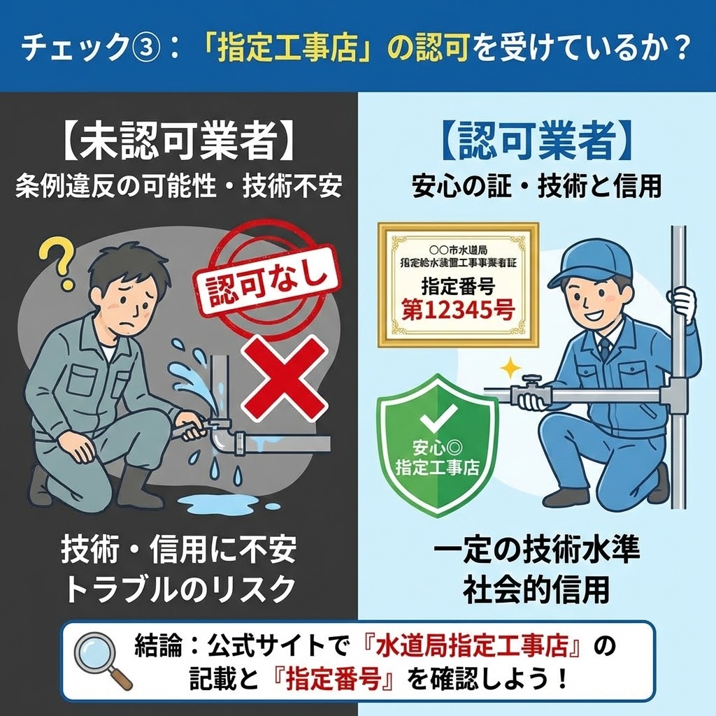 チェック③：「指定工事店」の認可を受けているか？の図解。未認可業者は条例違反の可能性があり、水漏れなどのトラブルリスクが高いことを警告。一方、認可業者は水道局の指定給水装置工事事業者証と指定番号を持ち、一定の技術水準と社会的信用がある安心の証であることをイラストで対比。公式サイトでの確認を推奨している。