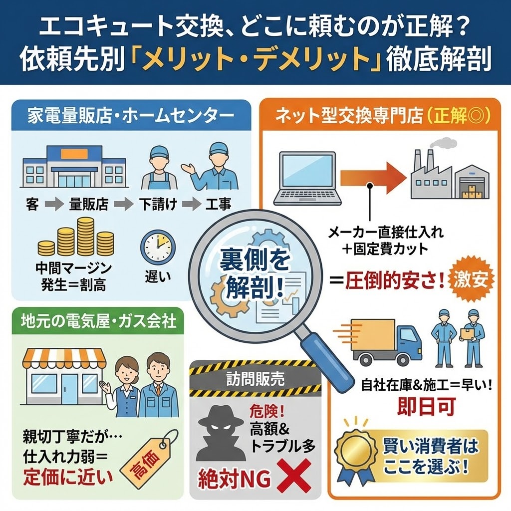 エコキュート交換、どこに頼むのが正解？依頼先別「メリット・デメリット」徹底解剖の図解。家電量販店・ホームセンターは中間マージンで割高かつ遅い。地元の電気屋・ガス会社は親切だが仕入れ力が弱く定価に近い。訪問販売は高額でトラブルが多く絶対NG。ネット型交換専門店が「正解」で、メーカー直接仕入れと固定費カットにより圧倒的な安さ（激安）と、自社在庫・施工による早さ（即日可）を実現している仕組みを解説。