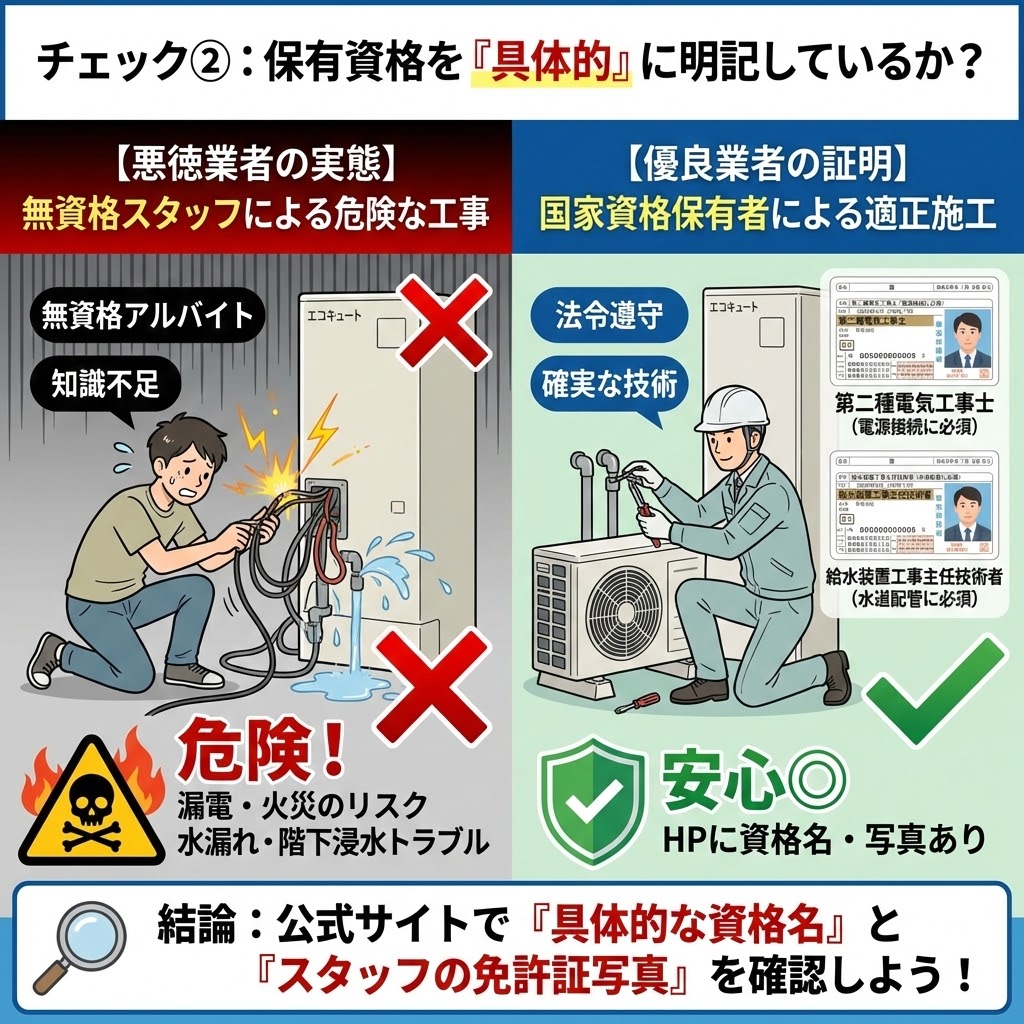 チェック②：保有資格を「具体的」に明記しているか？エコキュート交換における悪徳業者の無資格スタッフによる危険な工事（漏電、火災、水漏れリスク）と、優良業者の国家資格保有者（第二種電気工事士、給水装置工事主任技術者）による適正施工（免許証写真、HP掲載）を対比した図解。結論として公式サイトで資格名と写真を確認するよう促している。