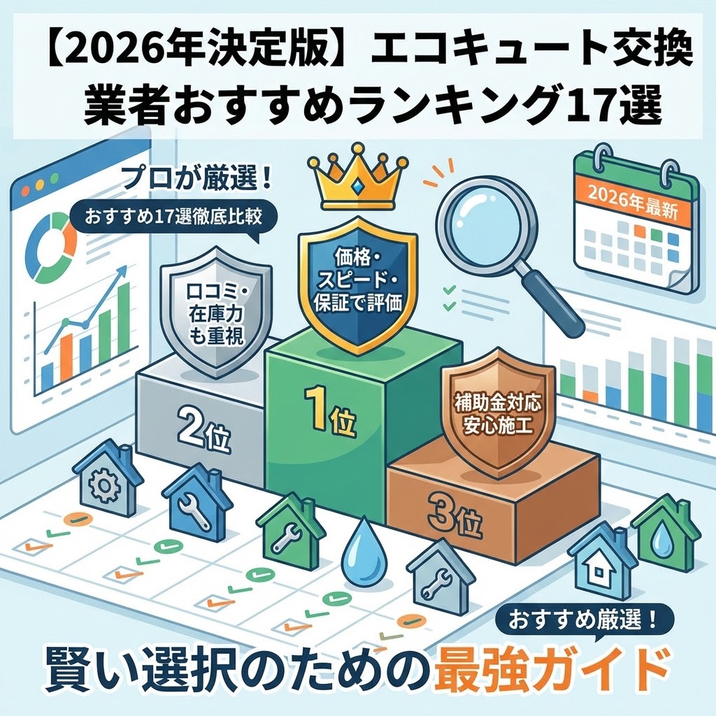 【2026年決定版】エコキュート交換業者おすすめランキング17選のイラスト。1位から3位の表彰台を中心に、価格・スピード・保証・口コミ・在庫力・補助金対応といった評価基準を示す盾や、プロが厳選した比較ガイドであることを示す虫眼鏡、グラフ、チェックリストなどが描かれている。「賢い選択のための最強ガイド」というメッセージが強調された、信頼感のあるデジタルイラスト。