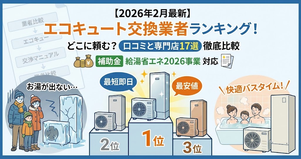 【2026年2月最新】エコキュート交換業者ランキング！口コミと専門店17選徹底比較。補助金情報や最短即日・最安値のメリット、故障時の困った様子と交換後の快適なバスタイムのイラスト。