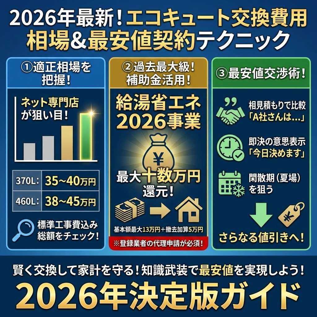 2026年最新のエコキュート交換費用相場と最安値で契約するためのテクニックをまとめたインフォグラフィック。適正相場の把握（ネット専門店価格目安、標準工事費込み総額の確認）、過去最大級の「給湯省エネ2026事業」補助金活用（最大十数万円還元、基本額+撤去加算、登録業者による代理申請必須）、そして相見積もり、即決の意思表示、閑散期（夏場）を狙うといった最安値交渉術を3つのポイントで解説。賢く交換して家計を守るための知識武装ガイド。