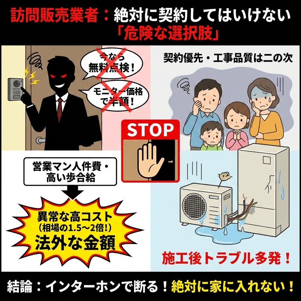 エコキュート訪問販売業者の危険性を警告する図解。「絶対に契約してはいけない」と強調し、悪質な営業マンによる無料点検やモニター価格の嘘、人件費と歩合給による相場の1.5〜2倍の法外な高コスト構造、契約優先のずさんな工事による施工後のトラブル多発リスクをイラストで解説。「STOP」サインと共に、インターホンで断り絶対に家に上げないよう呼びかけている。