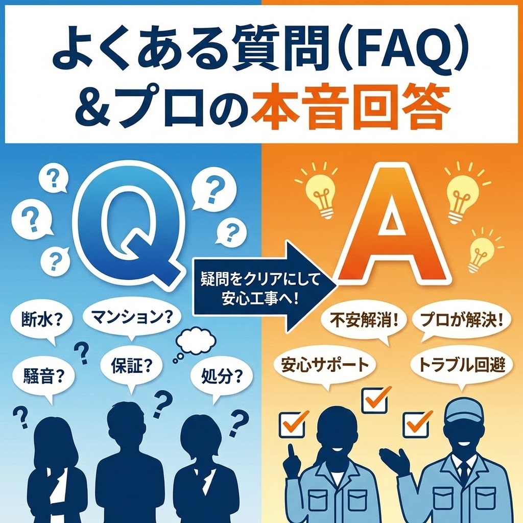 「よくある質問(FAQ) & プロの本音回答」と題されたインフォグラフィック。左側の青い領域には「Q」の文字と、断水、マンション設置、騒音、保証、処分に関する疑問を持つ人々のシルエットが描かれている。中央の矢印「疑問をクリアにして安心工事へ！」を経て、右側のオレンジ色の領域には「A」の文字と、不安解消、プロによる解決、安心サポート、トラブル回避を示すプロの技術者のシルエットが描かれている。エコキュート交換に関する疑問とプロによる回答のイメージ図。