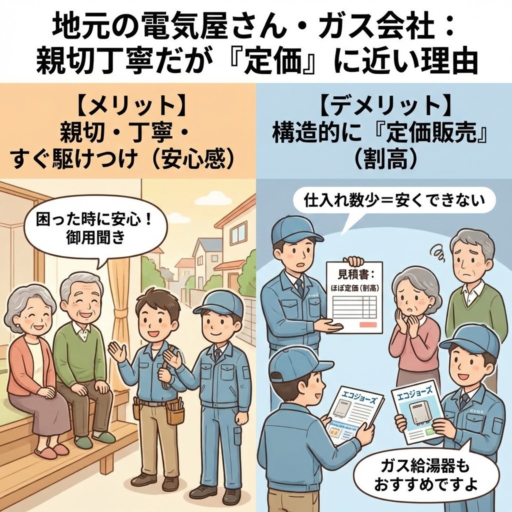 地元の電気屋さん・ガス会社のエコキュート交換：親切・丁寧・すぐ駆けつけといった「安心感」というメリットと、仕入れ数が少なく「定価販売」に近いため「割高」になるという構造的なデメリットを対比した図解。ガス会社がガス給湯器エコジョーズを推奨する様子も描写。