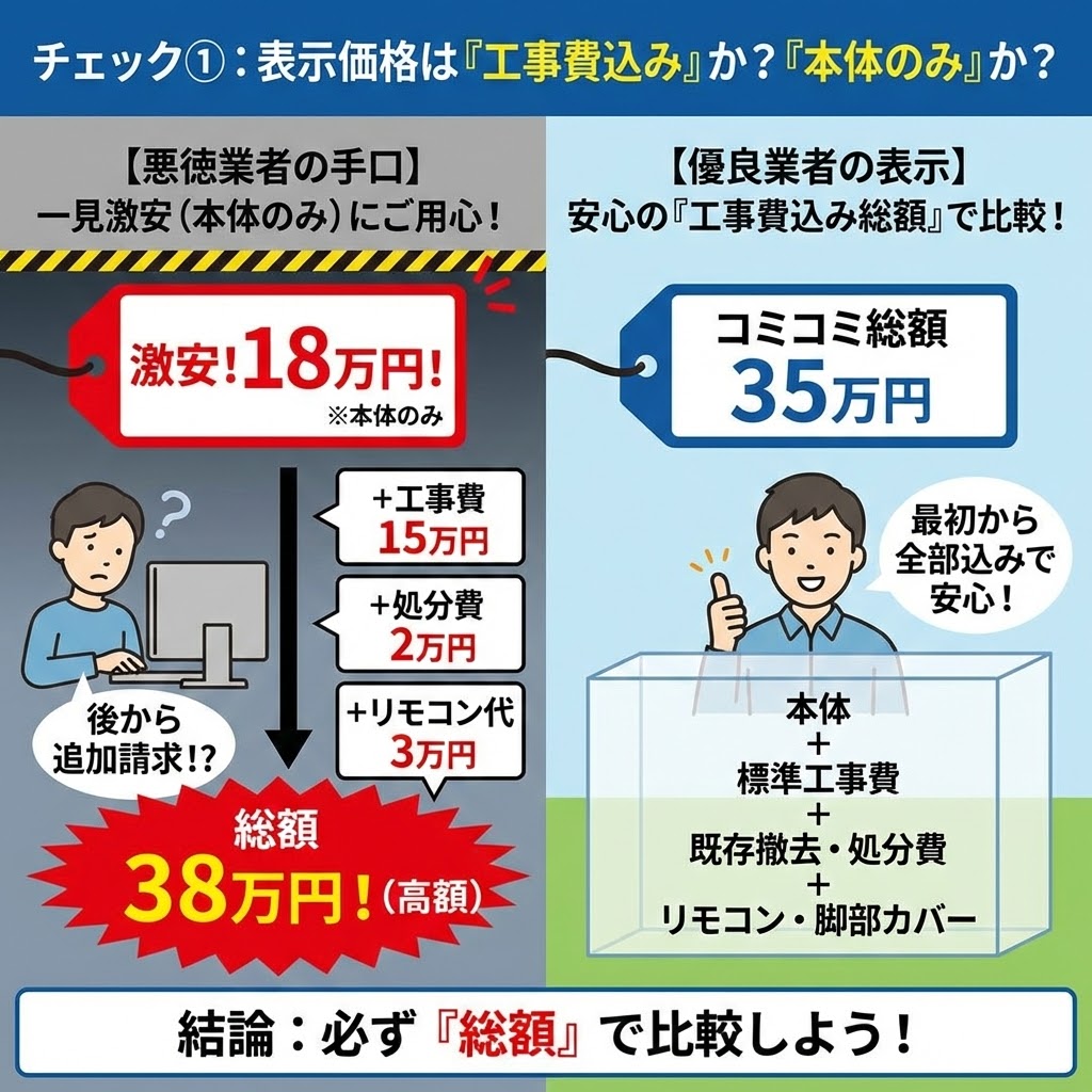 エコキュート交換費用、表示価格は「工事費込み総額」か「本体のみ」かをチェックする図解。悪徳業者は「激安18万円（本体のみ）」と表示し、後から工事費や処分費を追加して「総額38万円（高額）」になる手口を警告。一方、優良業者は「コミコミ総額35万円」として、本体、標準工事費、既存撤去・処分費、リモコン・脚部カバーが全て含まれている安心な表示であることを比較し、必ず総額で比較するよう結論付けている。