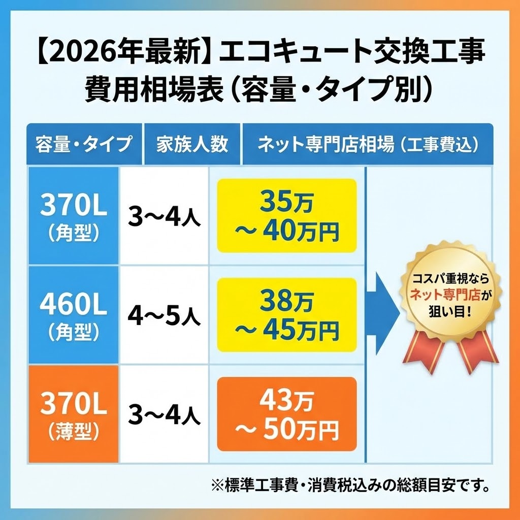 2026年最新のエコキュート交換工事費用相場を表形式でまとめた図解。容量・タイプ別（370L角型、460L角型、370L薄型）と家族人数ごとのネット専門店における工事費込み相場（35万〜50万円の範囲）を一覧表示。コスパ重視ならネット専門店が狙い目であること、表示価格は標準工事費・消費税込みの総額目安であることを強調している。