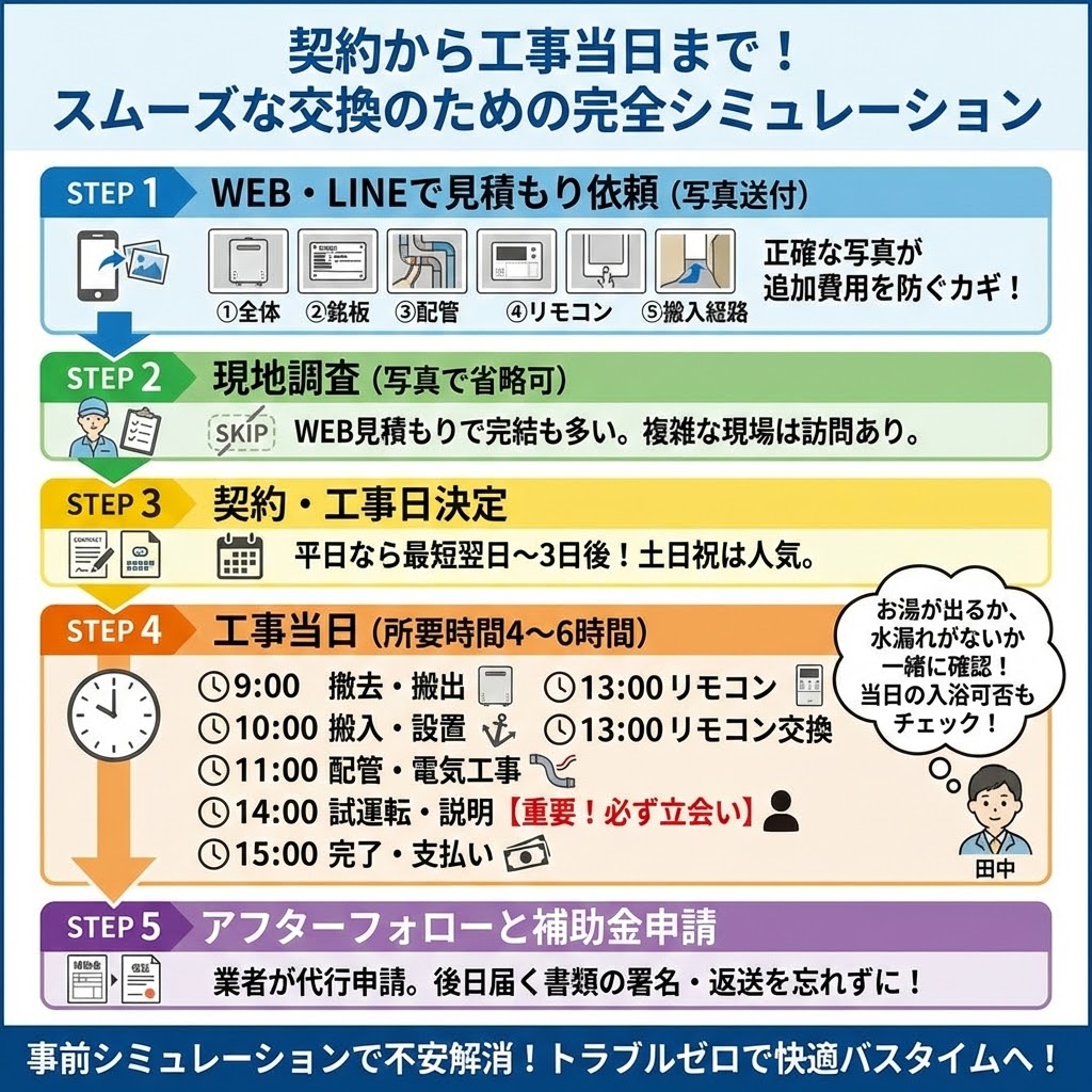 「契約から工事当日まで！スムーズなエコキュート交換のための完全シミュレーション」のインフォグラフィック。STEP1「WEB・LINEで見積もり依頼（正確な写真送付が追加費用を防ぐ鍵）」から、STEP2「現地調査（写真で省略可）」、STEP3「契約・工事日決定」、STEP4「工事当日（所要4〜6時間）の時間割：9時撤去、10時搬入・設置、11時配管・電気工事、13時リモコン交換、14時試運転・説明【重要！必ず立会い】、15時完了・支払い」、そしてSTEP5「アフターフォローと補助金申請」までの全工程をフローチャートで図解。田中氏による「試運転時の立会いでお湯や水漏れの確認、当日の入浴可否チェックが重要」というアドバイスも記載。