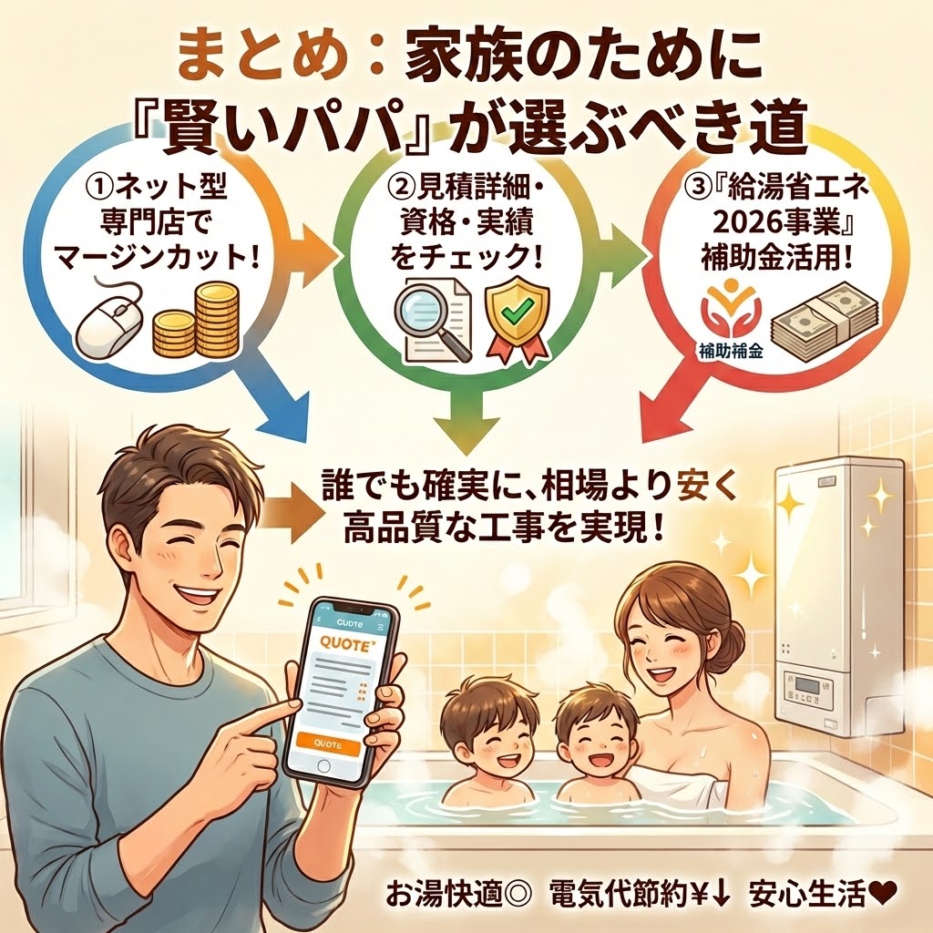 「まとめ：家族のために『賢いパパ』が選ぶべき道」と題されたインフォグラフィック。エコキュート交換を成功させる3つのステップとして、1.「ネット型専門店でマージンカット！」、2.「見積詳細・資格・実績をチェック！」、3.「『給湯省エネ2026事業』補助金活用！」を図解。これらのステップを踏むことで「誰でも確実に、相場より安く高品質な工事を実現！」できるとし、スマホで最適な見積もりを見つけて喜ぶ父親と、新しいエコキュートが設置された温かいお風呂でタオルを巻いて笑顔でくつろぐ母親と子供たちのイラストが描かれている。下部には「お湯快適◎ 電気代節約¥↓ 安心生活❤︎」というメリットが記されている。