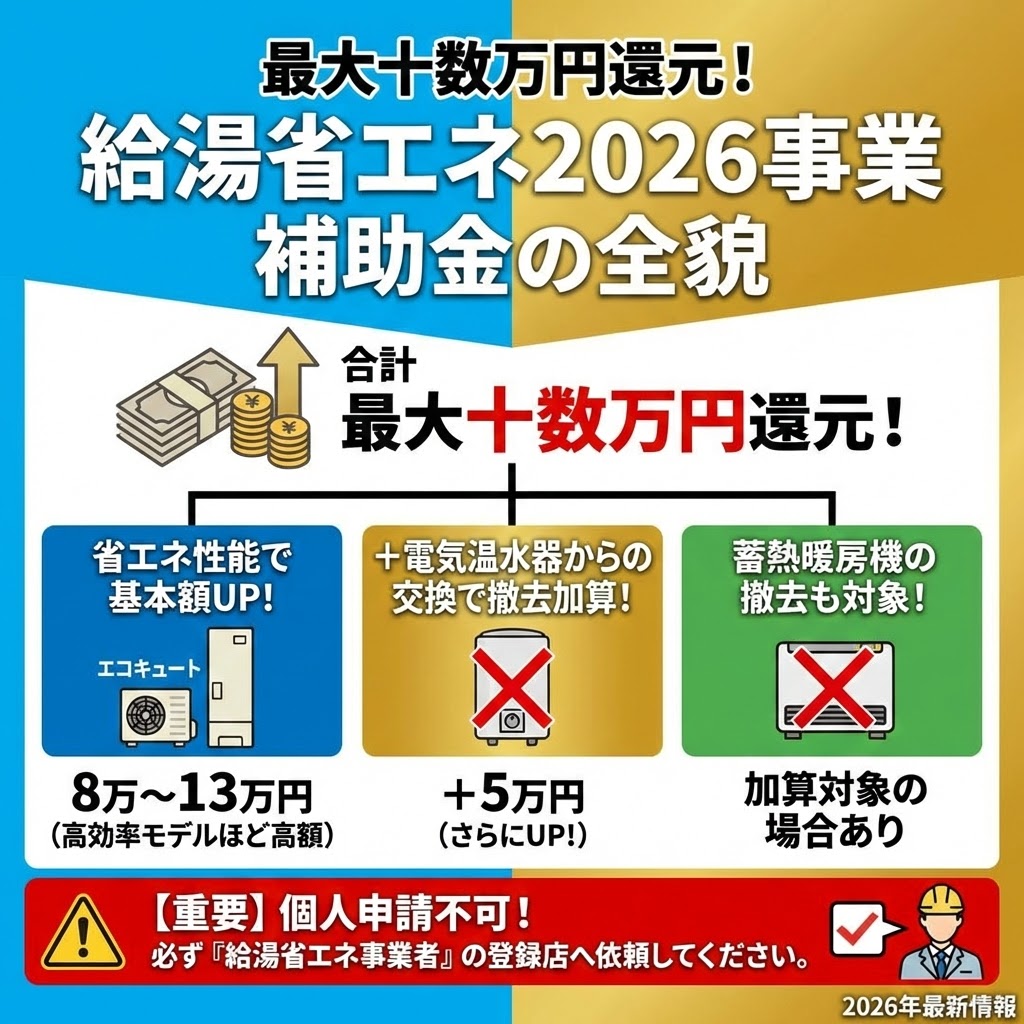 最大十数万円還元！「給湯省エネ2026事業」補助金の全貌を解説したインフォグラフィック。合計で最大十数万円の還元が可能であることを示し、その内訳として「省エネ性能で基本額UP（8万〜13万円、高効率モデルほど高額）」、「電気温水器からの交換で撤去加算（+5万円）」、「蓄熱暖房機の撤去も対象（加算対象の場合あり）」をイラストで図解。最下部には重要事項として、個人申請は不可であり、必ず「給湯省エネ事業者」の登録店へ依頼する必要があることを警告している。2026年最新情報。