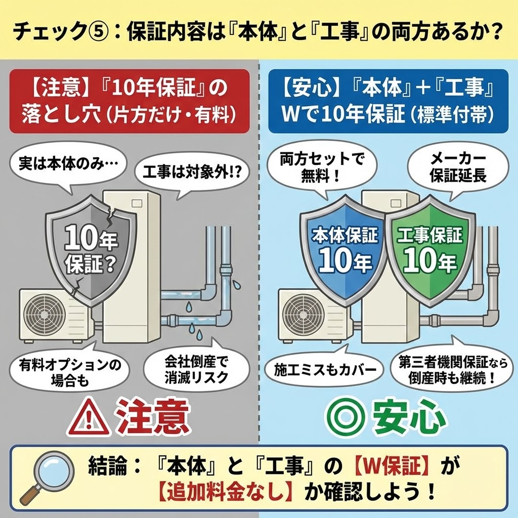 チェック⑤：保証内容は「本体」と「工事」の両方あるか？エコキュート交換の保証比較図。左側の「注意」では、10年保証が本体のみ、有料、会社倒産で消滅するリスクを警告。右側の「安心」では、本体保証10年と工事保証10年のW保証が無料で標準付帯し、メーカー保証延長、施工ミスカバー、第三者機関保証による倒産時継続のメリットを解説。結論としてW保証が追加料金なしか確認するよう促すイラスト。