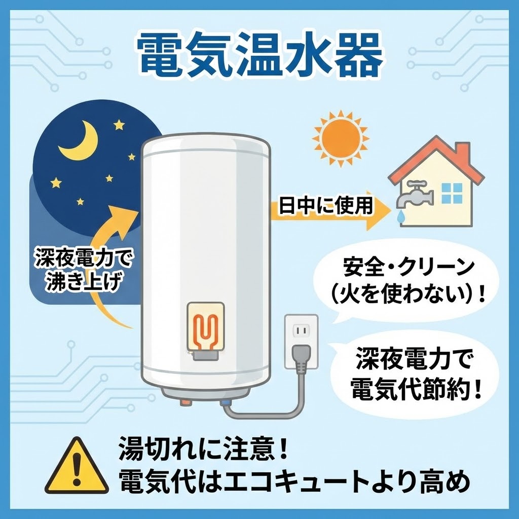 電気温水器の仕組みとメリット・デメリットを解説したイラスト。深夜電力でお湯を沸き上げて日中に使う仕組みや、火を使わず安全で電気代を節約できるメリット、湯切れのリスクやエコキュートより電気代が高いという注意点が記載されている。