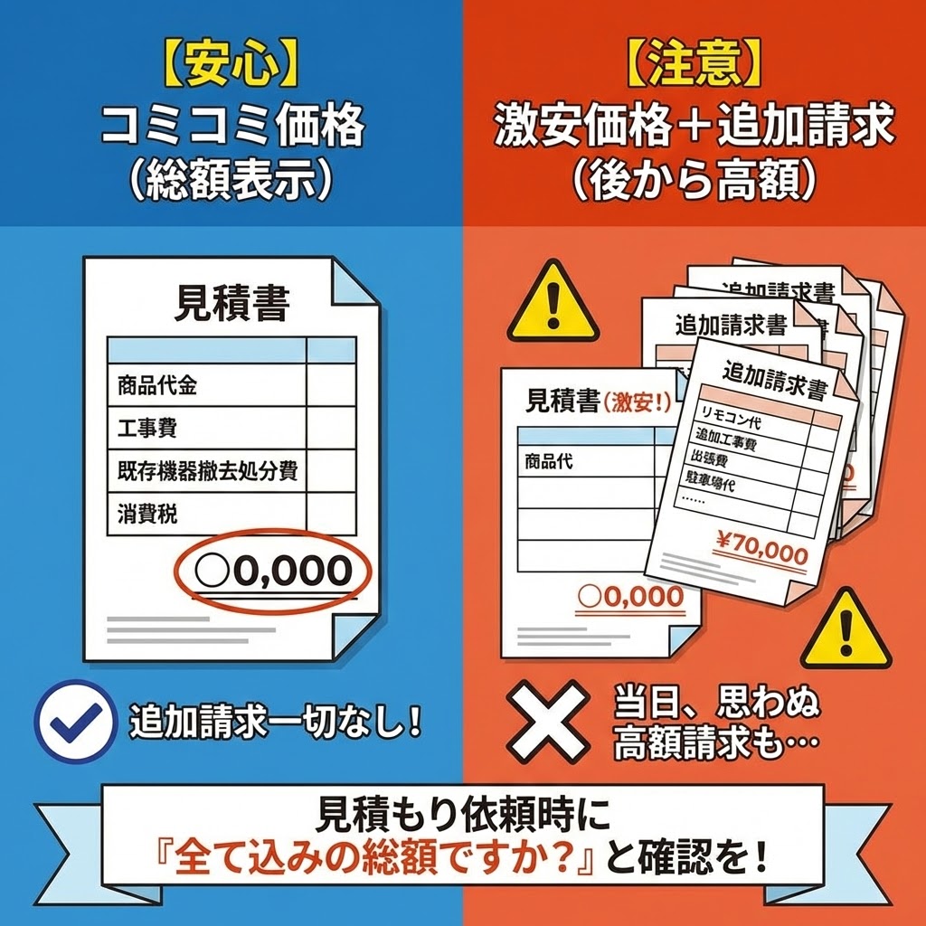 給湯器の見積もり比較のインフォグラフィック。左側は「【安心】コミコミ価格（総額表示）」で、見積書に全ての費用が含まれ追加請求一切なしの様子。右側は「【注意】激安価格＋追加請求（後から高額）」で、当初は安いが後から多数の追加請求書が届き高額になるリスクを警告している。見積もり依頼時に「全て込みの総額ですか？」と確認することを推奨する内容。