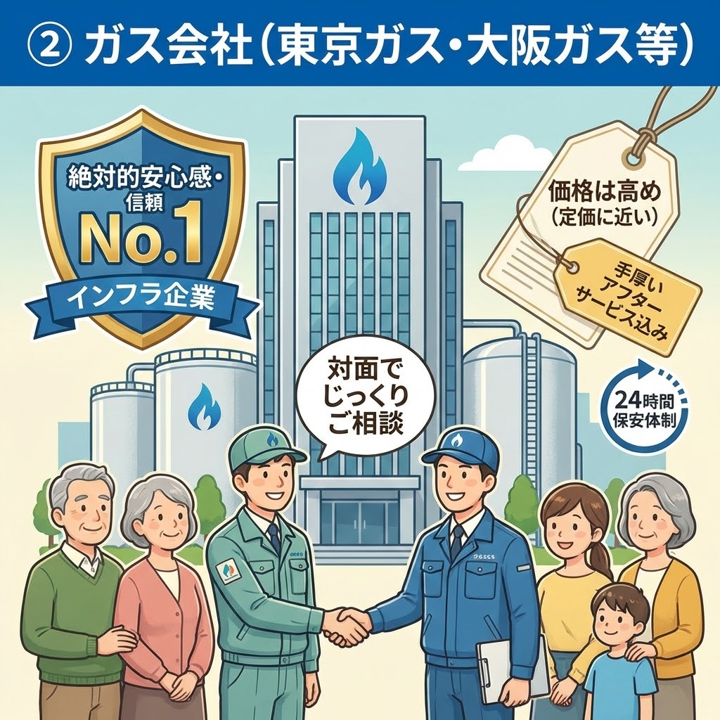 ガス会社（東京ガス・大阪ガス等）に給湯器交換を依頼するメリットとデメリットの解説イラスト。「絶対的安心感・信頼No.1」「対面でじっくりご相談」「24時間保安体制」といった長所と、「価格は高め（定価に近い）」という短所が、ガス会社社員と顧客家族の握手シーンと共に描かれている。