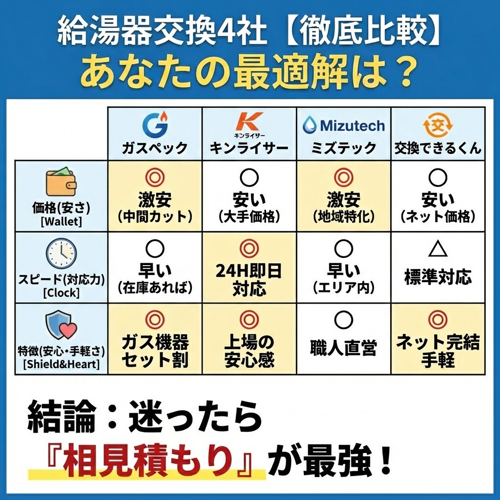 給湯器交換業者4社（ガスペック、キンライサー、ミズテック、交換できるくん）の価格、スピード、特徴を比較した一覧表。「迷ったら『相見積もり』が最強！」という結論が示されている。